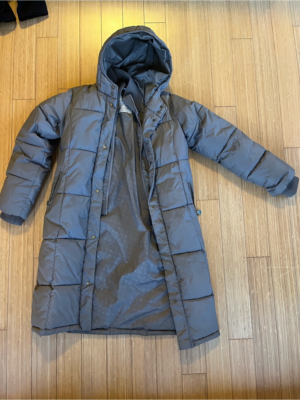 Long Hooded Puffer Coat in Charcoal Gray